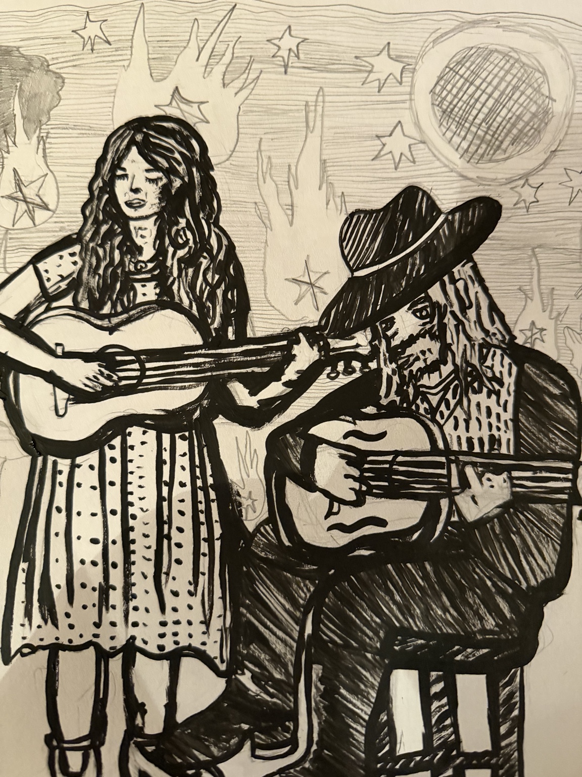 Hand-drawn illustration of Nettie and the Delta Boy playing guitars beneath stars and a moon